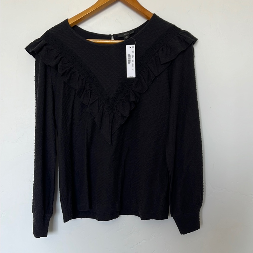 J. Crew Black Ruffled V-Yoke Long Sleeve Blouse